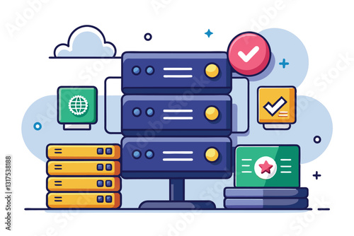 The flat design features multiple servers with customizable status indicators and various icons, Server status Customizable Flat Illustration