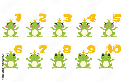 A cute little frog set with balloon numbers from 1 to 10 flat vector illustration isolated on white background.