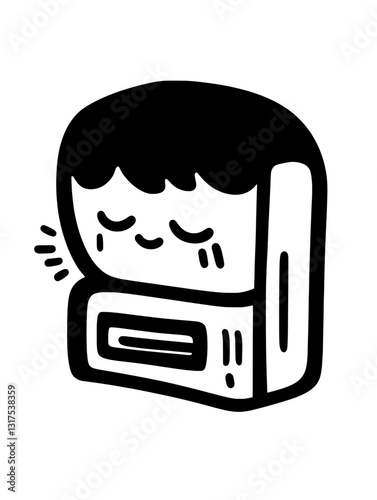 Cute animated stapler character smiling happily while working at a desk during a bright and productive day in an office space