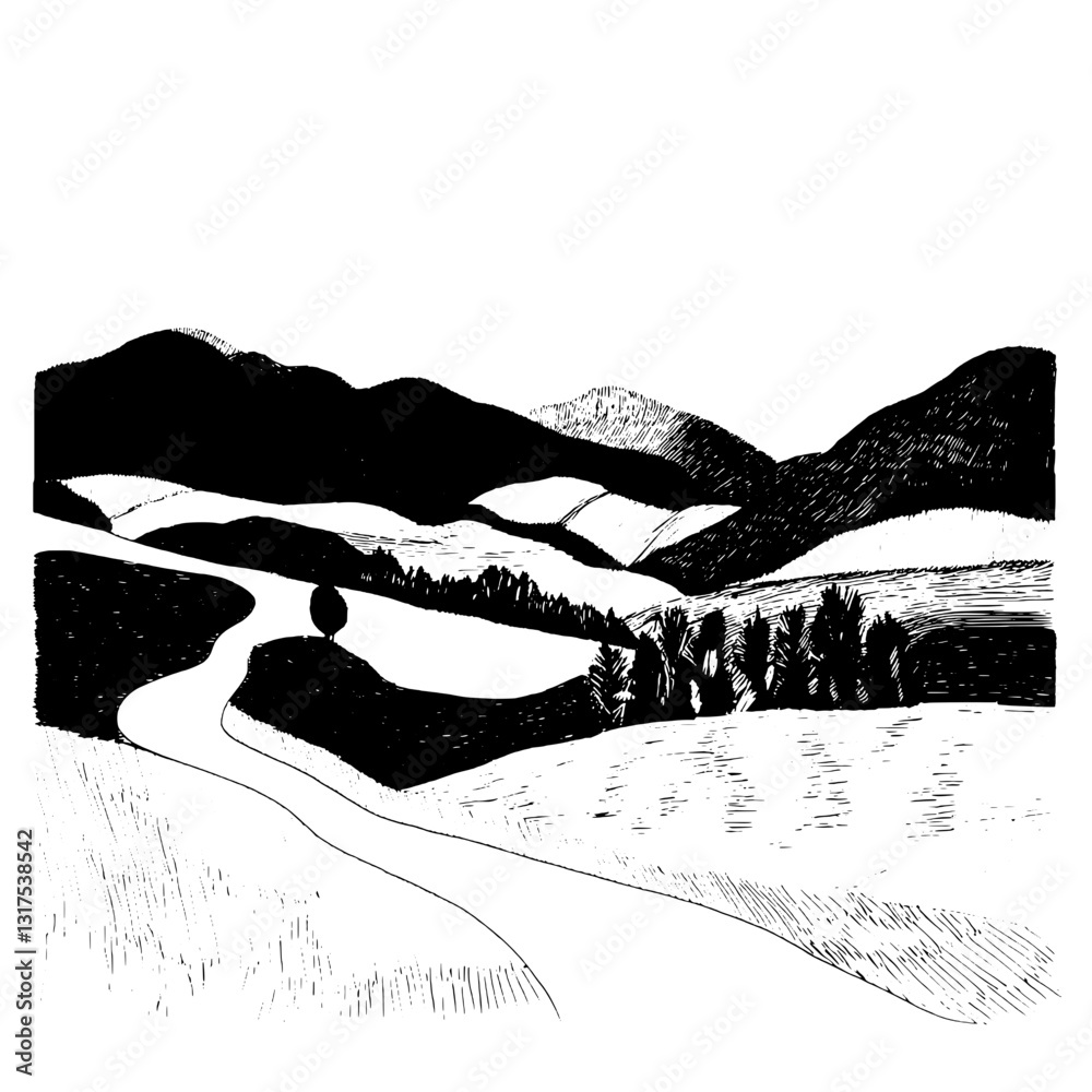 Obraz premium Serene landscape of rolling hills and winding paths evokes tranquility in nature’s embrace