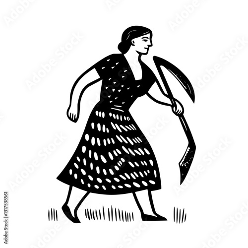 Woman scything in the fields at dawn, embodying rural life and tradition in a serene, rustic landscape