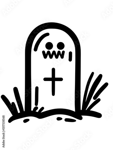 Creative vector illustration of a whimsical gravestone with cartoonish features and playful elements set in a grassy environment