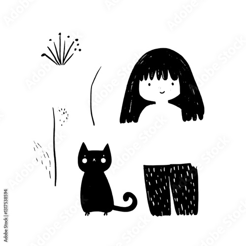 Charming black and white vector illustration featuring a girl and her playful cat in a whimsical garden setting