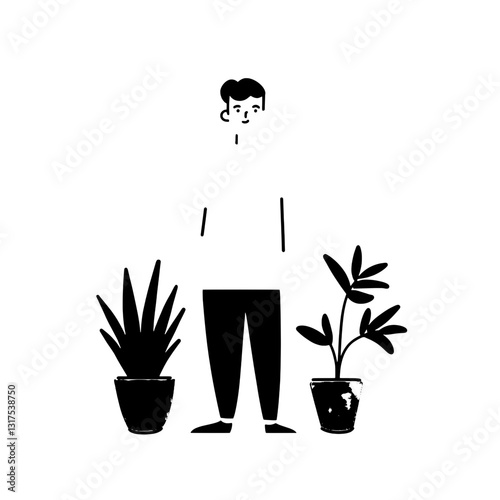 Lively person surrounded by green plants, expressing joy in a minimalist artistic style