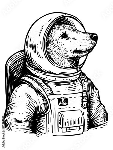 Space explorer bear in a futuristic astronaut suit across a cosmic backdrop with stars and planets depicted in vector art style