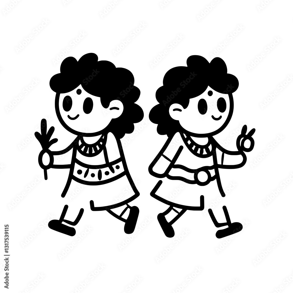 Two playful children enjoying a sunny day in a vibrant village, one holding a vegetable while the other makes a peace sign Two playful children enjoying a sunny day in a vibrant village, one holding a vegetable while the other makes a peace sign