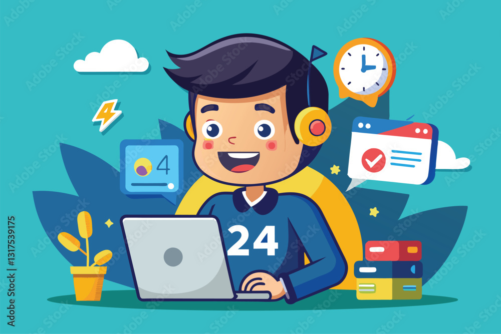 A cheerful boy wearing headphones works on his laptop surrounded by colorful elements in his workspace, Service 24/7 Customizable Cartoon Illustration A cheerful boy wearing headphones works on his laptop surrounded by colorful elements in his workspace, Service 24/7 Customizable Cartoon Illustration