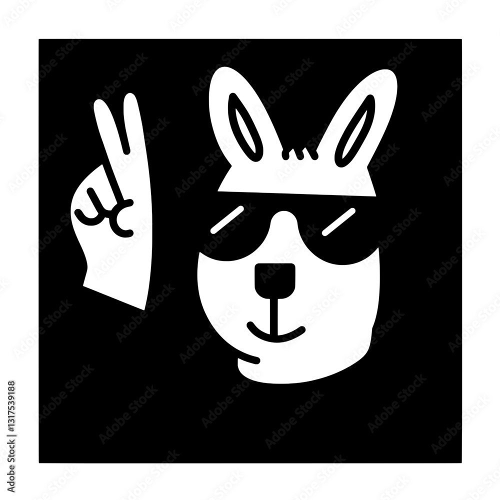 Fototapeta premium Cool rabbit character showing peace sign in retro vector design with playful expression and stylish sunglasses