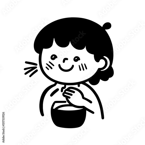 Enjoying a delicious bowl of food with a cheerful smile during a cozy mealtime moment of happiness and warmth