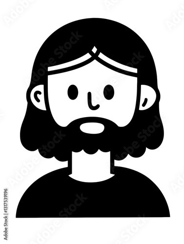 Creative black and white vector illustration of a character with wavy hair and beard expressing curiosity in a playful manner