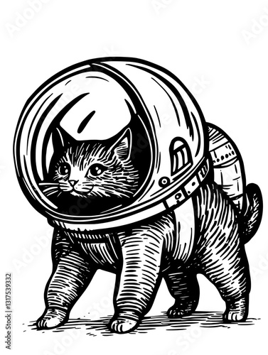Cat in a space helmet exploring the cosmos with curiosity and charm