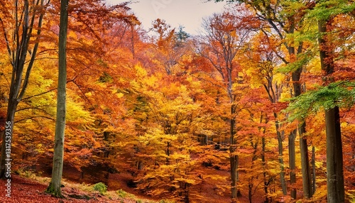Un bosque otoñal con árboles decorados con un follaje vibrante, formando una mezcla armoniosa de colores cálidos que contrastan con el entorno fresco del bosque, 4k