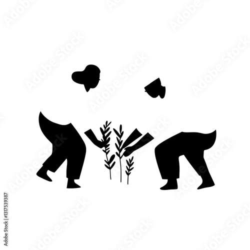 Two figures joyfully tending to plants while embodying the essence of nature care and community connection
