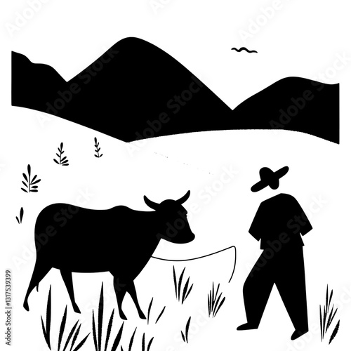 Exploring tranquil rural life with a farmer and cow in a serene mountainous landscape