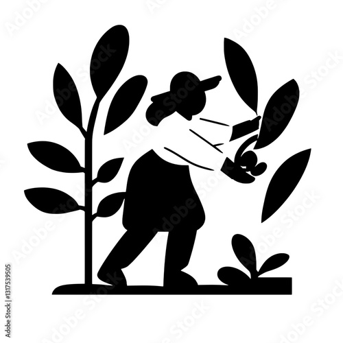 Gardener carefully tending to vibrant plants in a lush garden during a sunny day