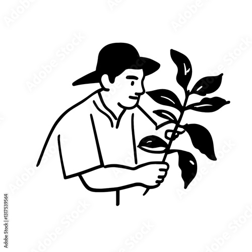 Gardener cultivating a young plant with care in a serene outdoor setting during a bright sunny day