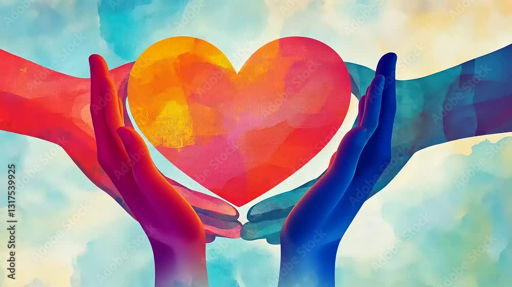 A red heart symbol floats in the blue sky, a romantic cloud shape for Valentine's Day love