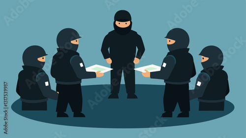 Team Formation A group of tactical officers in black gear are standing in a semicircle listening attentively to their instructor who gestures toward a training map laid out on a
