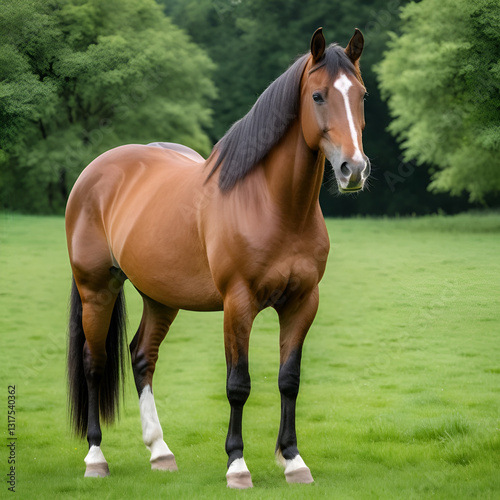 Majestic chestnut horse standing in a lush green meadow, looking straight ahead, its muscles relaxed, with a subtle sheen on its sleek coat.