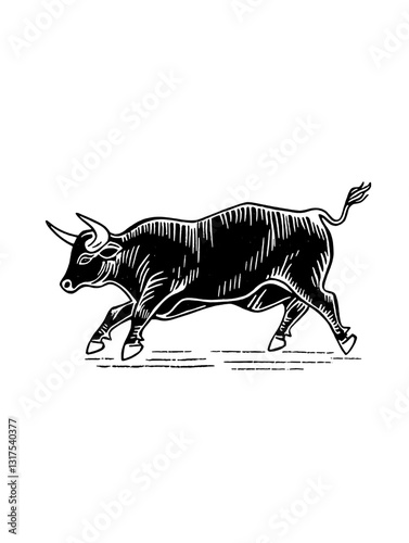 Charming black bull trotting gracefully along a grassy field under a bright blue sky during a sunny day in a rural landscape