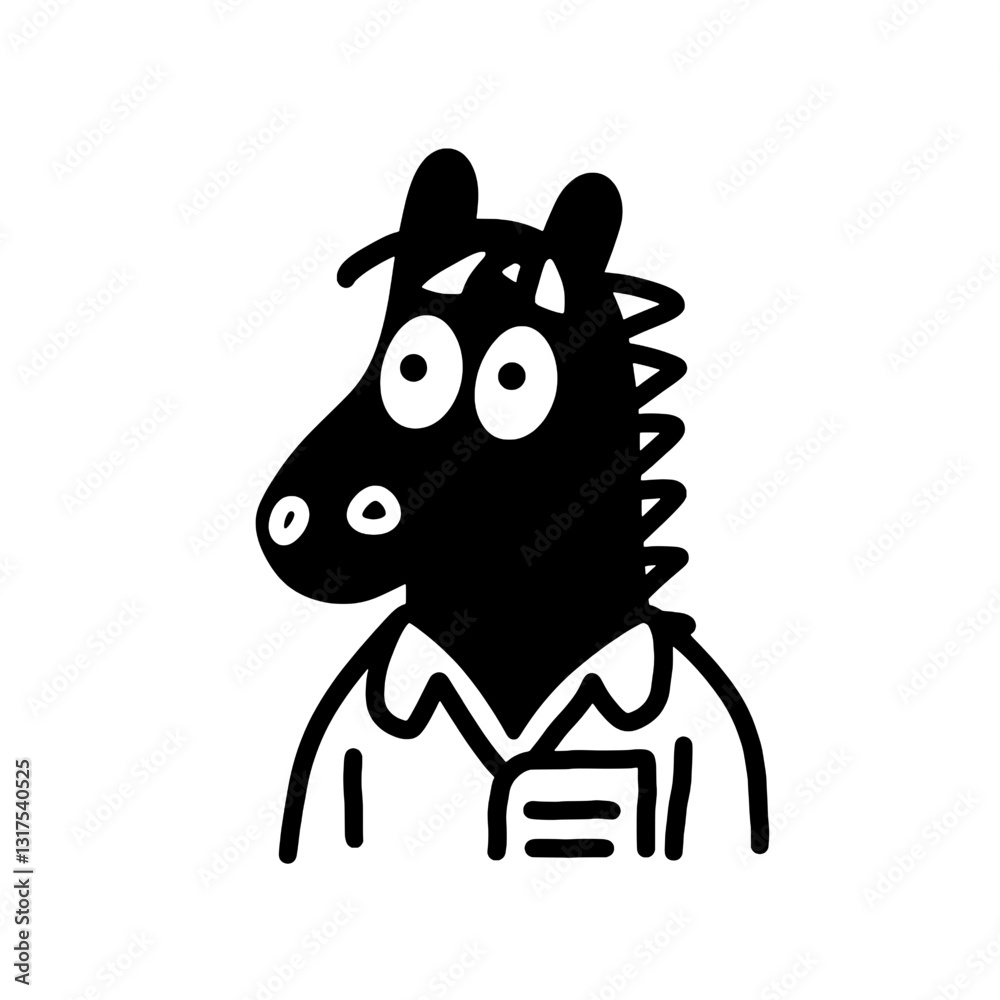 Cartoon character dressed in a shirt displaying a whimsical horse head with big eyes in a minimalist style Cartoon character dressed in a shirt displaying a whimsical horse head with big eyes in a minimalist style
