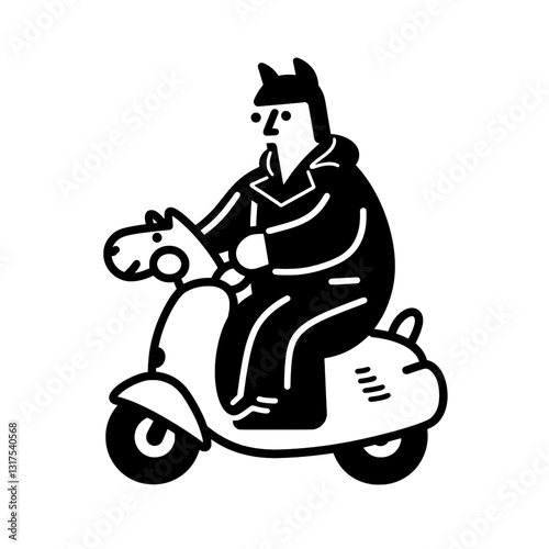 Man rides scooter with a dog helmet in playful urban adventure on a sunny day