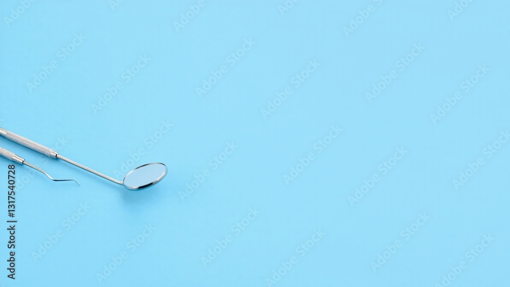 Fototapeta premium Dental hygiene tools, including a mirror and probe, isolated on a light blue background.