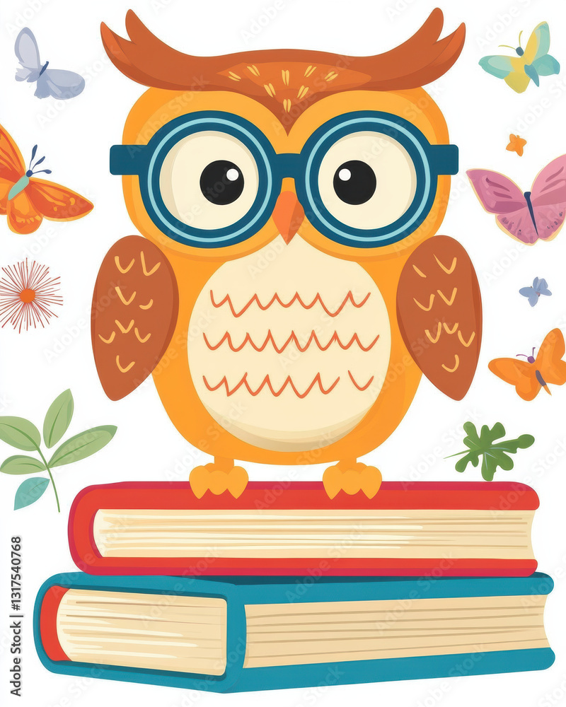 Obraz premium owl Cute cartoon owl wearing glasses, surrounded by colorful butterflies and plants