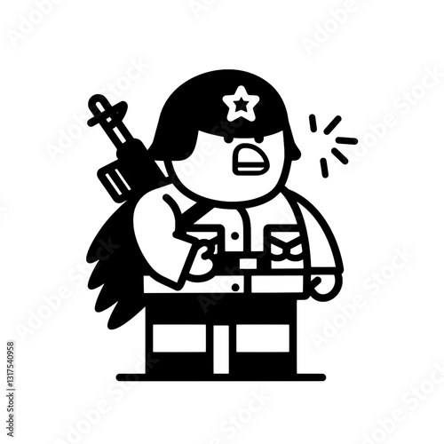 Bold cartoon character dressed as a police officer with a star badge and a rifle standing confidently in a playful, dynamic pose