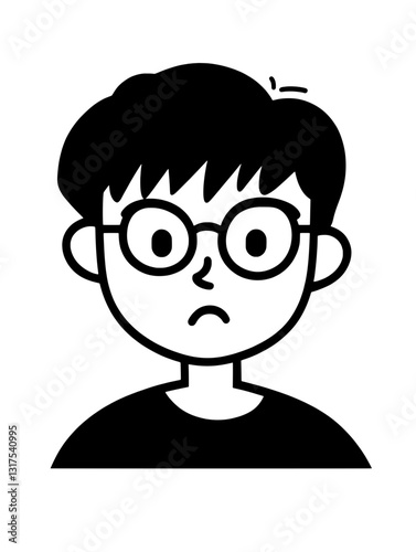 Expressive young person with glasses showing curiosity and concern in a minimalist vector design style