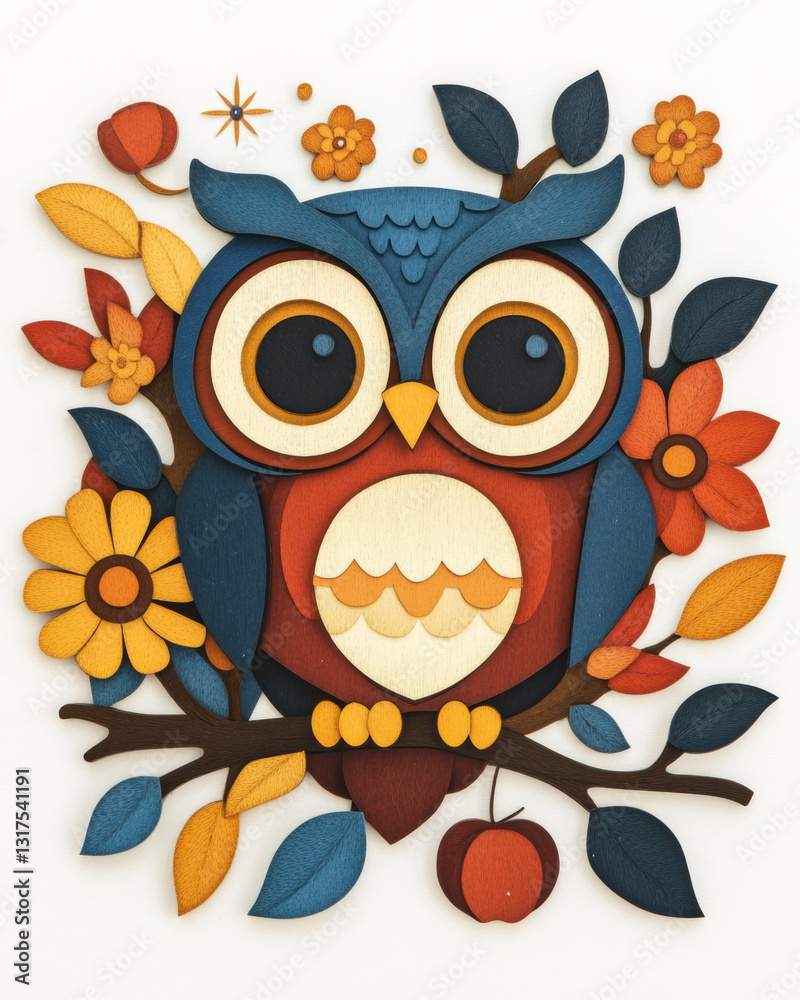 Fototapeta premium owl colorful owl surrounded by flowers and leaves, showcasing vibrant wood art
