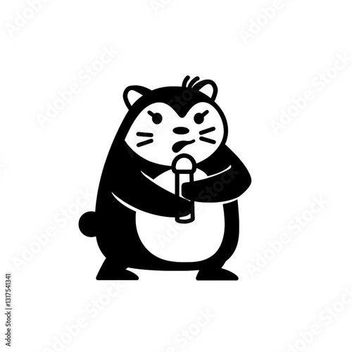 A playful cartoon character confidently performs music with a microphone in an artistic vector style