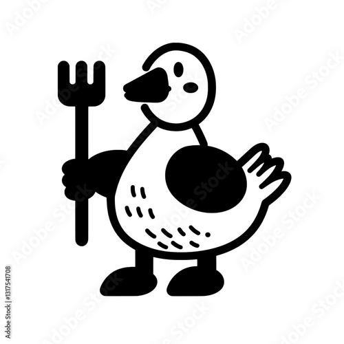 Charming cartoon duck holding a fork, ready for a playful cooking adventure in a whimsical kitchen setting
