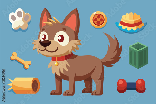A cheerful dog stands next to colorful toys, ready for fun and creative animations, Set of assets to animate cute dog,