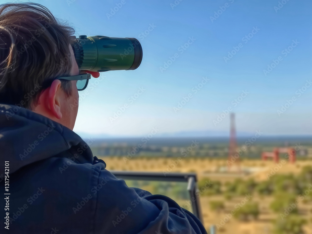 A man is looking through a telescope at a distant object. The sky is clear and the man is wearing a black jacket