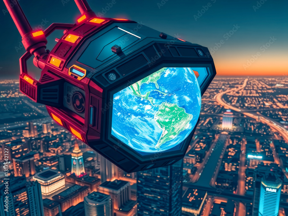 A futuristic space shuttle with a camera on top of it is flying over a city. The camera is focused on the earth, which is shown in a blue and green color scheme. The image has a futuristic