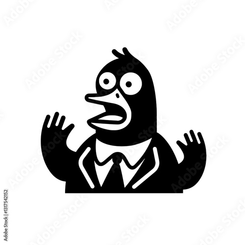 Cartoon penguin wearing a suit showing surprise and excitement in a cheerful, animated setting