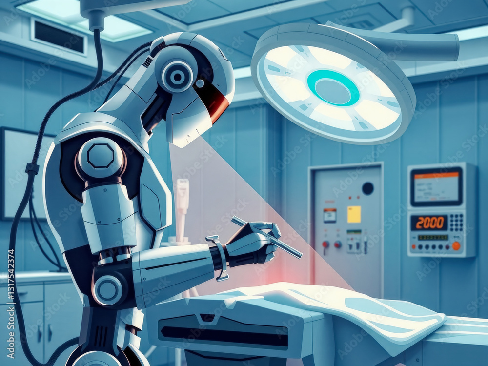 A robot is performing surgery on a patient. The robot is white and has a blue light on its head. The room is sterile and the robot is focused on the task at hand. Scene is serious and focused