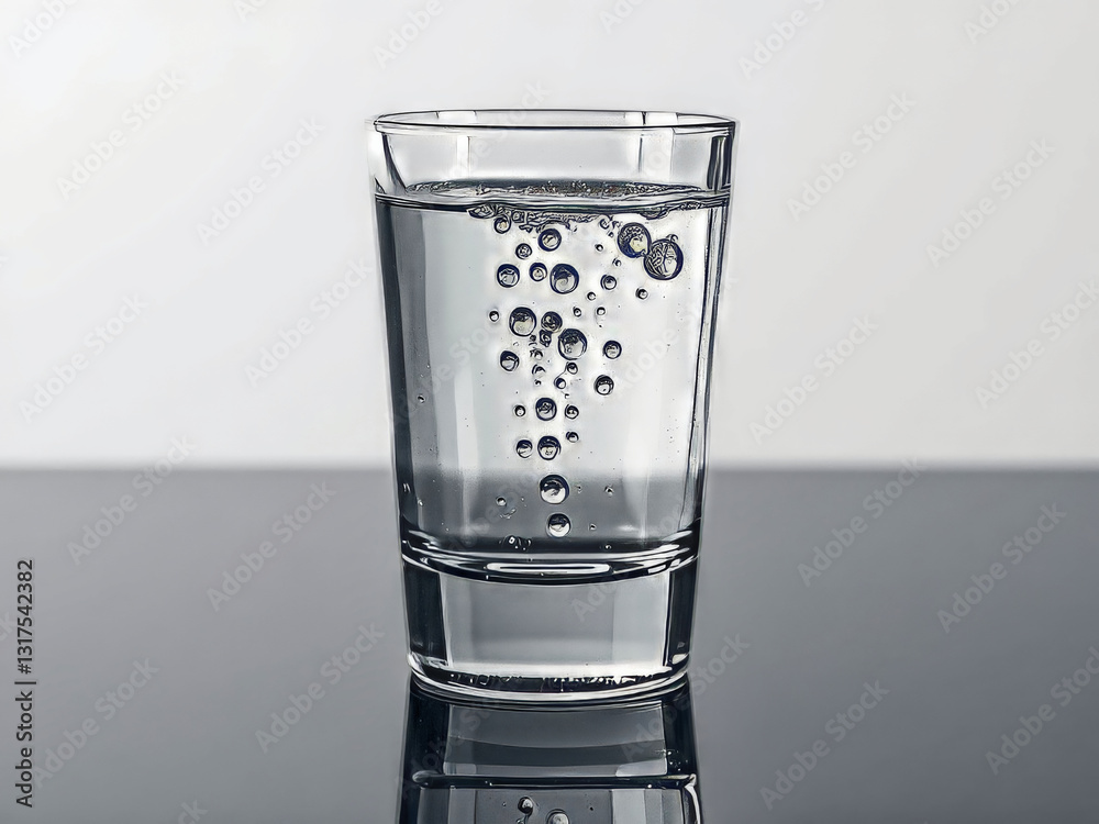 A glass of water with bubbles in it. The bubbles are small and scattered throughout the glass. The water is clear and the bubbles are floating on top of it