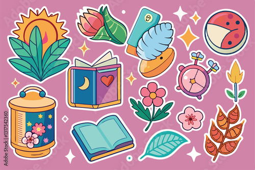 Explore a vibrant set of stickers perfect for notebook decoration, featuring flowers, books, and more, Set of beautiful stickers for notebook,