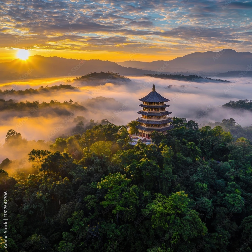 Pagoda tops tree line, morning fog, sunrise. Mountainous background with sky, sun Pagoda tops tree line, morning fog, sunrise. Mountainous background with sky, sun