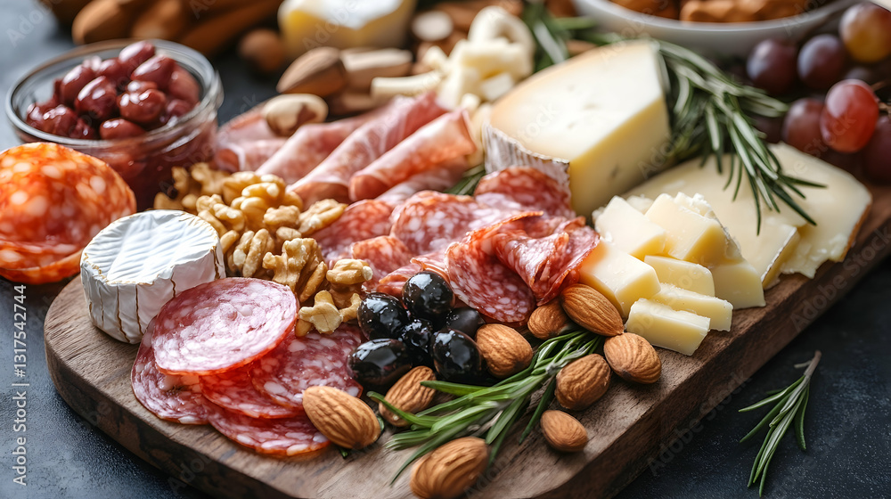 Beautifully arranged charcuterie board with cheeses and nuts Beautifully arranged charcuterie board with cheeses and nuts