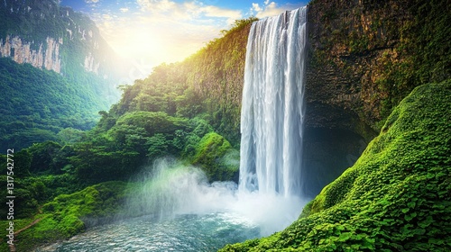 Lush waterfall plunges into a pool, surrounded by vibrant green mountains under a bright sky