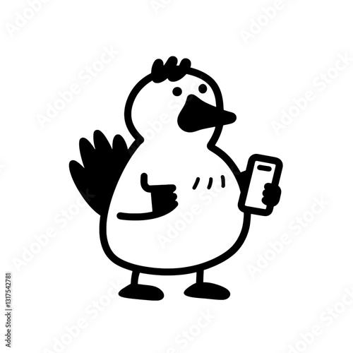 Charming cartoon bird holding a smartphone with an inquisitive expression in a minimalist vector style