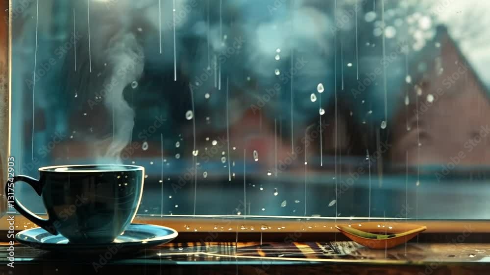 Kaffeetasse am Fenster mit Regentropfen