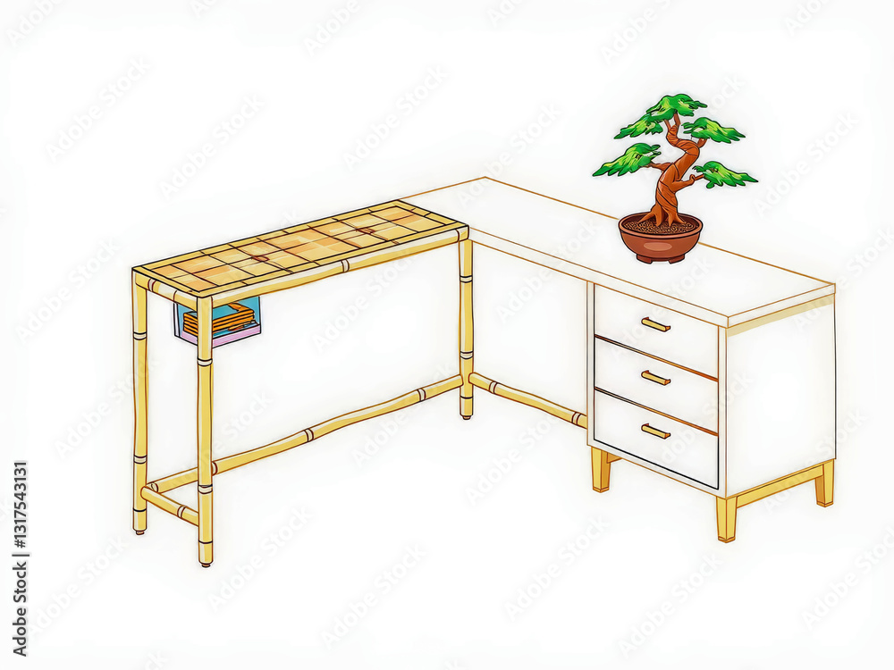 A white desk with a bamboo plant on top of it. The desk is made of wood and has a basket on it