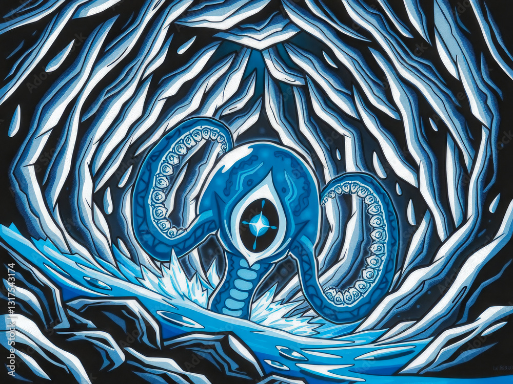 A blue octopus with a large eye is swimming in a dark cave. The cave is filled with rocks and the water is murky. Scene is mysterious and eerie