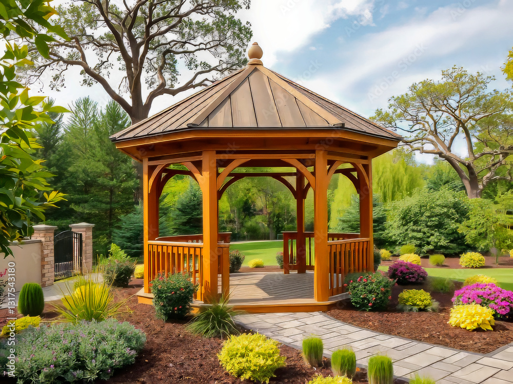 A wooden gazebo with a path leading to it. The gazebo is surrounded by a garden with many flowers and plants