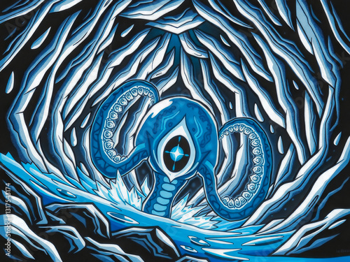 A blue octopus with a large eye is swimming in a dark cave. The cave is filled with rocks and the water is murky. Scene is mysterious and eerie