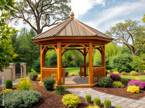 Obraz na płótnie A wooden gazebo with a path leading to it. The gazebo is surrounded by a garden with many flowers and plants w salonie